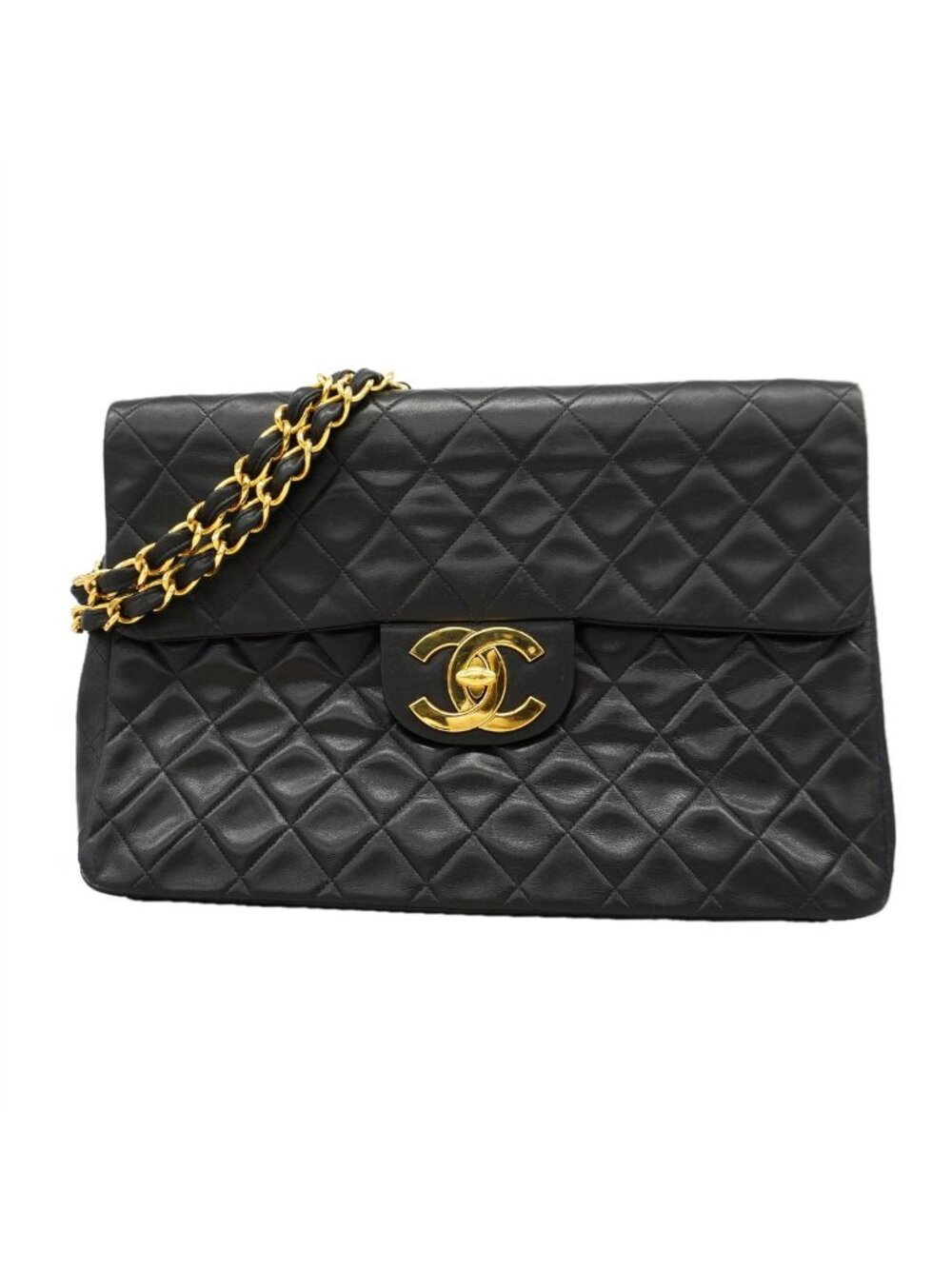 Chanel Shoulder Bag Maxi Quilted Lambskin Black Gold